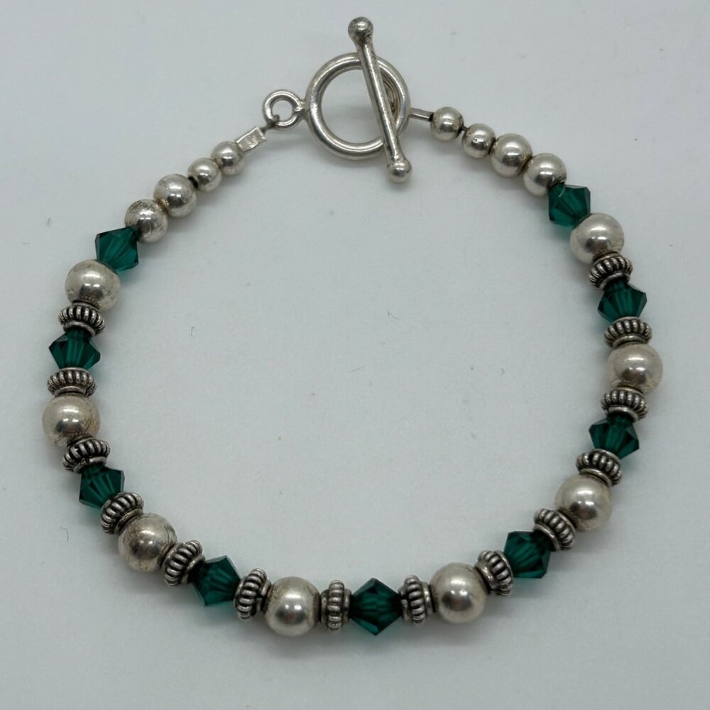 Artisan Sterling Silver Bracelet Green Crystal Bead Toggle Clasp 6.5" 10 grams - Picture 1 of 15